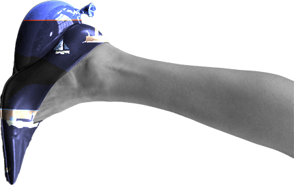 Left grayscale leg ending in a blue patterned shoe