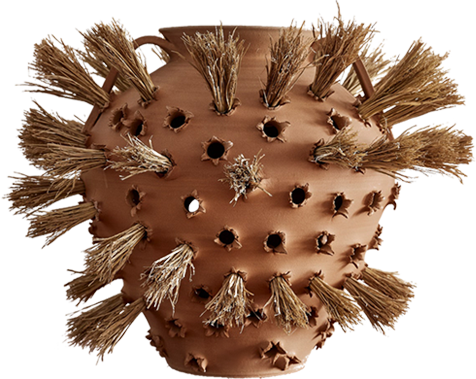 Terracotta sculptural vessel with straw details